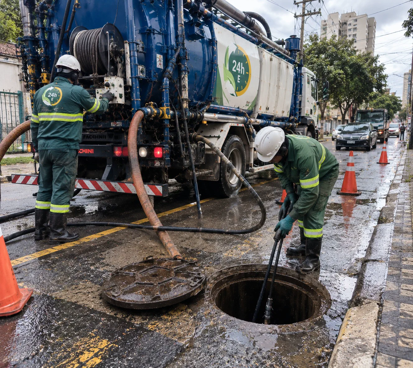 Caminhão hidrovácuo equipado para uma operação em rede urbana