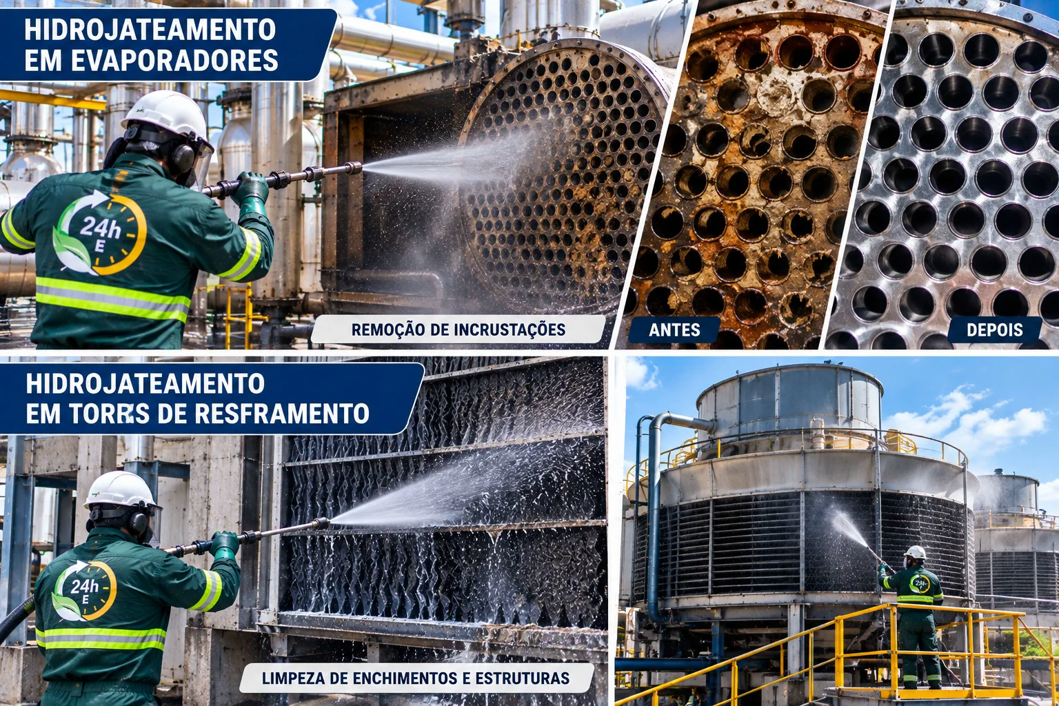 Hidrojateamento em evaporador com comparação do equipamento antes e depois