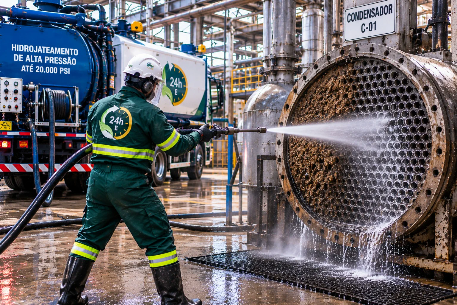 Hidrojateamento de alta pressão em tubos de condensador industrial