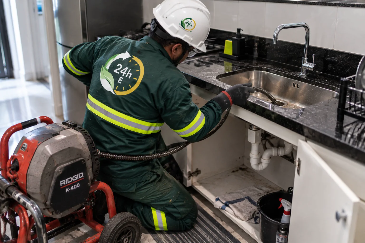 Técnico desobstruindo tubulação de pia de cozinha