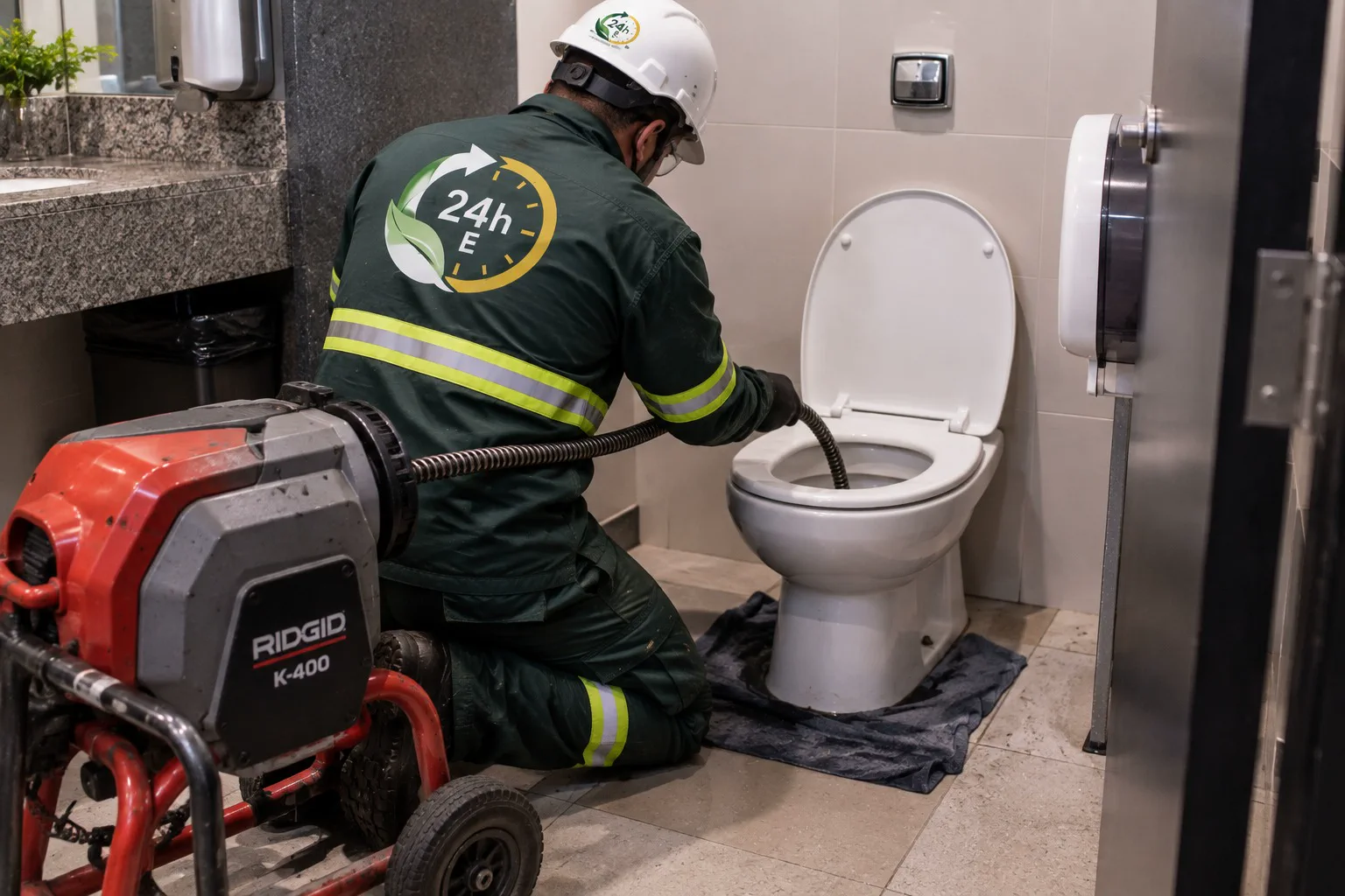 Técnico desobstruindo vaso sanitário com equipamento mecanizado