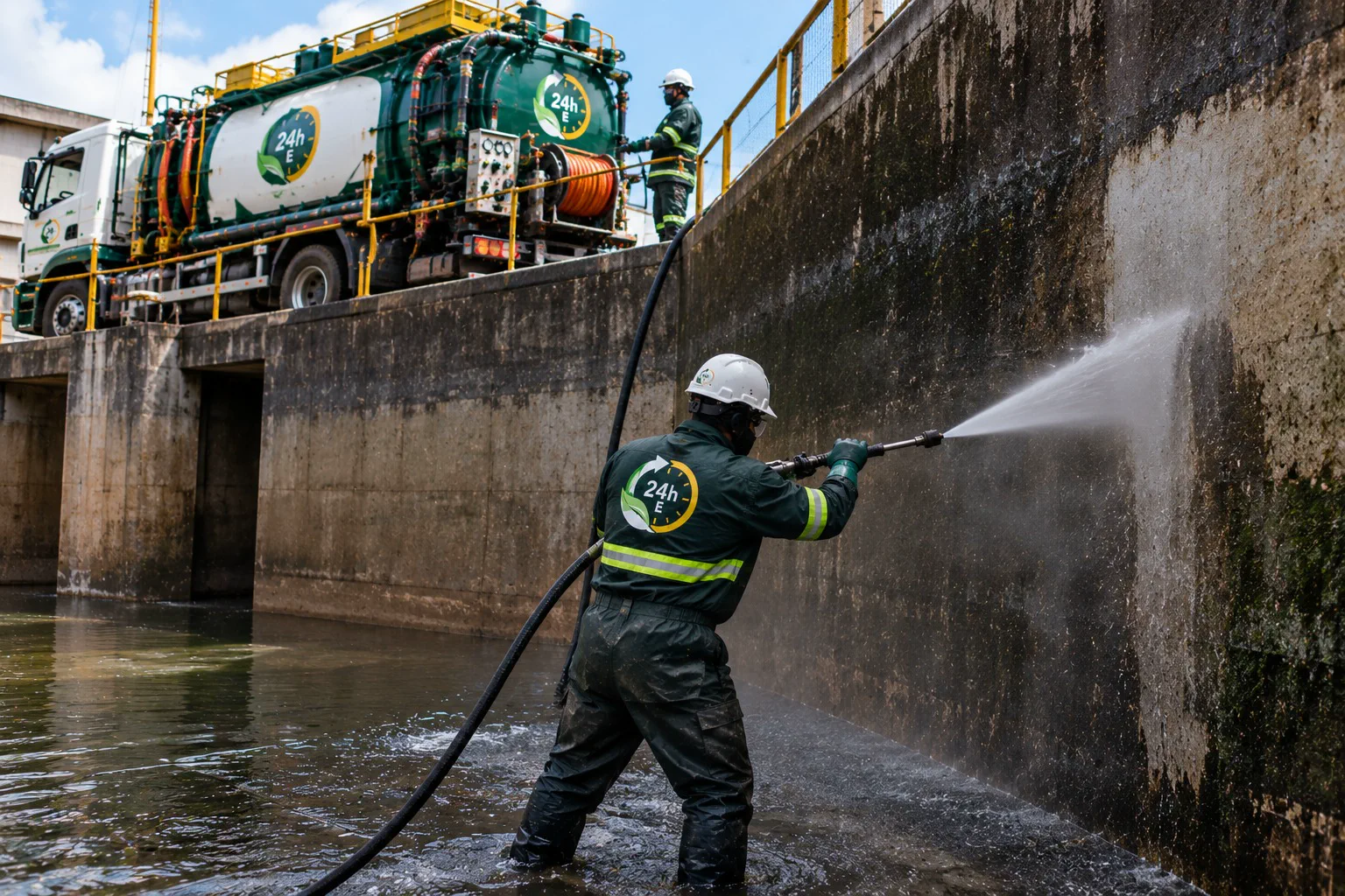 Operador realizando hidrojateamento em parede de estrutura hidráulica