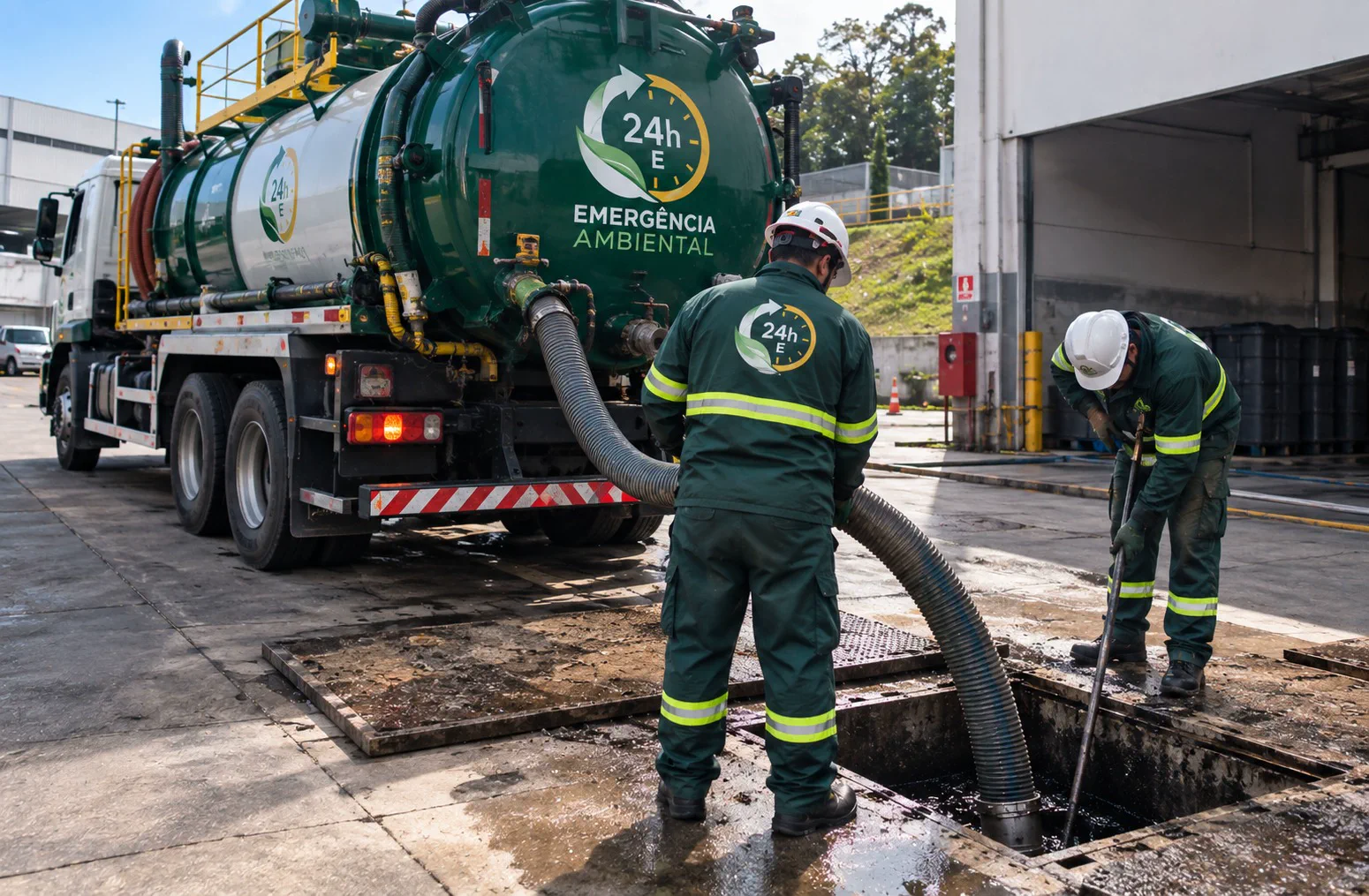 Equipe realizando sucção e limpeza de caixa em área industrial