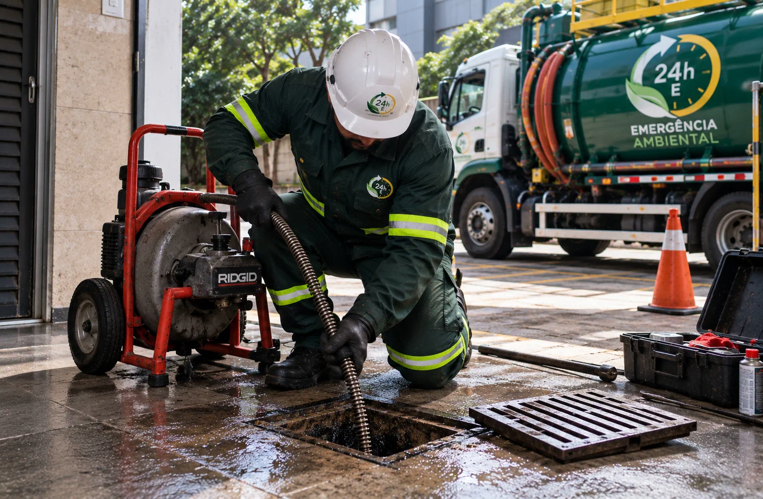 Operador usando máquina rotativa para desobstrução