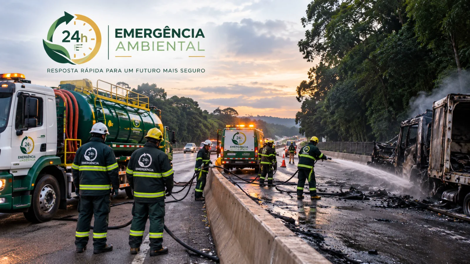 Equipe de emergência ambiental atuando em ocorrência rodoviária
