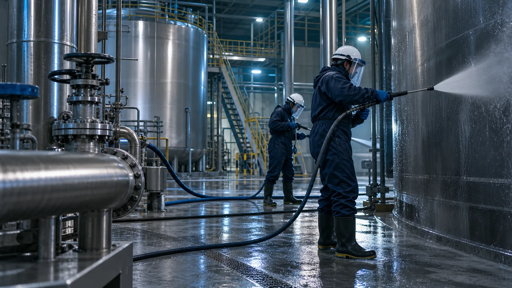 Equipe com equipamentos de proteção executando hidrojateamento em tanques industriais